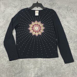 Women's Long Sleeve Black Glitter Sun Small Shirt Y2K Vintage 90's